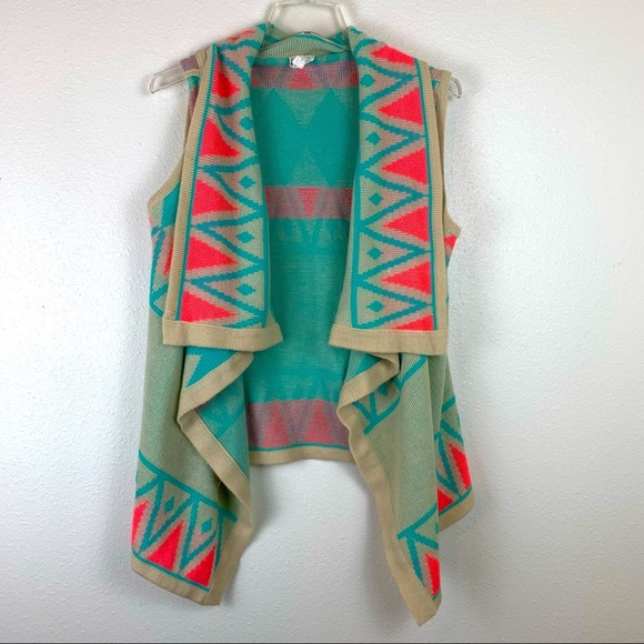 b-Sharp Sweaters - B Sharp Small Neon Aztec Waterfall Open Front Vest Cardigan Mohair soft